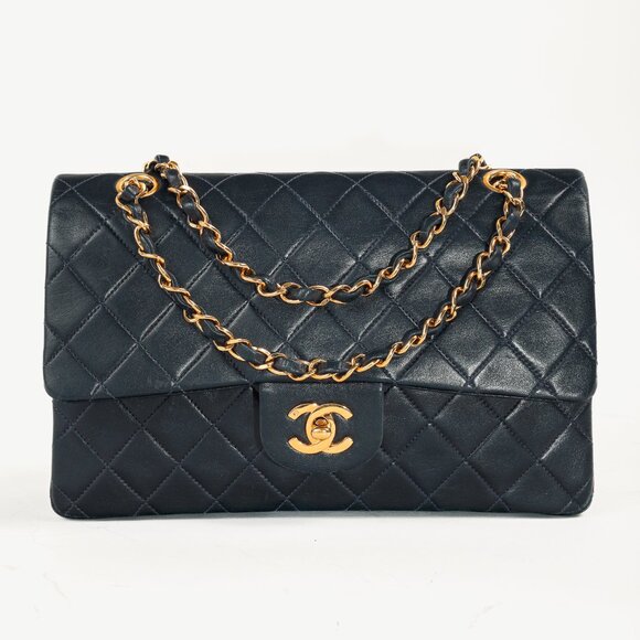 Chanel Navy Lambskin Leather Classic Medium Double Flap Shoulder Bag - Picture 1 of 16